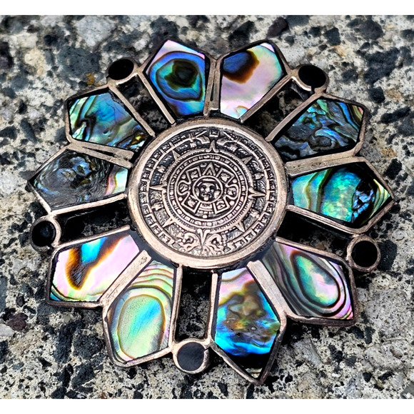Vintage Mexico 925 Sterling Onyx Abalone Inlay Flower Pendant Brooch 1 5/8" - Picture 1 of 3